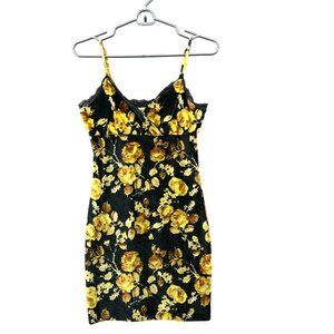 Urban‎ Outfitters Velvet Slip Dress Womens S Green Yellow Floral Cami Lace Trim
